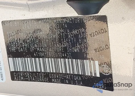 2014 Toyota Avalon Xle Touring z USA, uszkodzony, nr VIN 4T1BK1EB0EU104437